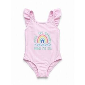 M&S Pink Rainbow One Piece Swimsuit 4T Ruffle Strap Graphic Beach Pool